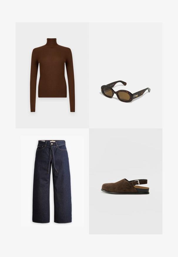Brauner, gerippter Rollkragenpullover mit langen Ärmeln, hoher Halslinie und enger Passform aus weichem, dehnbarem Material.; Weite, dunkelblaue Jeans aus Denim mit hoher Taille, ausgestattet mit einem Kordelzug, fünf Taschen und kontrastierenden Nähdetails.; Braune Wildleder-Ballenrutscher mit niedrigem Absatz, verstellbarem Riemen mit silberner Schnalle und schwarzer Gummisohle.; Schildpatt-Sonnenbrille mit ovalen Fassungen, braunen getönten Gläsern und "Chloé"-Markierung am Bügel. Glattes Kunststoffmaterial mit glänzender Oberfläche.; Braune Wildleder-Tasche mit breiter Form und weicher Textur, ausgestattet mit einem einzigen Tragegurt und minimalem Zubehör vor einem neutralen Hintergrund.