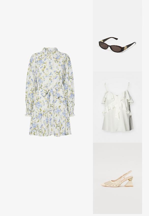 Hvid ærmeløs top lavet af letvægtsstof, med lagdelte flæser langs forsiden og justerbare stropper for komfort og pasform.; Blomsterkjole i hvid med blå og grønne blomster, med krave, knaplukning foran, lange ærmer med elastiske manchetter og et bånd i taljen.; Beige slingback sko med perforeret overdel, spids tå og en kontrasterende trekantet hæl med en guldfarvet detalje. Glat tekstur generelt.; Skildpaddemønster solbriller med aflange ovale linser, brun farve, guldlogo accenter på stængerne og slanke sorte arme.; Beige mønsteret taske med en buet form, læderdetaljer og et guldtonet logo på fronten. Har et kort håndtag for nem bæring.; Perle- og krystalhalskæde med et rundt, perlekantet design i lyse nuancer, der præsenterer skiftevis perler og glitrende detaljer, båret om halsen.