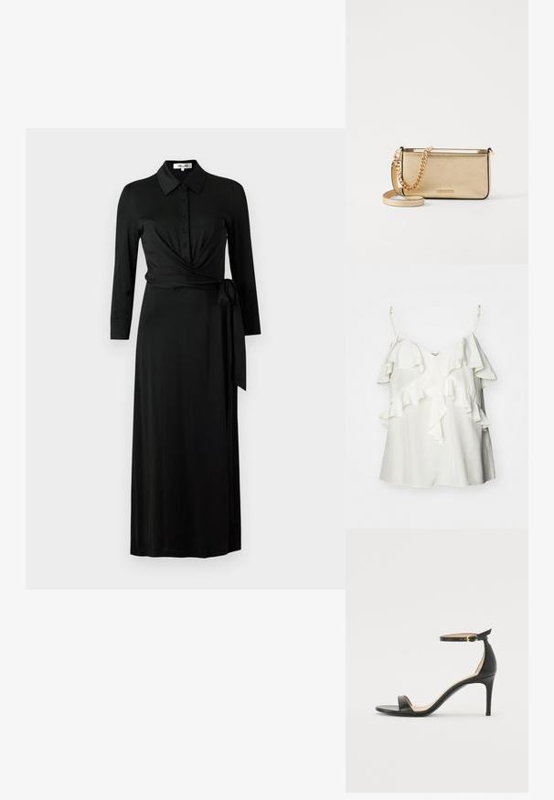 Hvid ærmeløs top lavet af letvægtsstof, med lagdelte flæser langs forsiden og justerbare stropper for komfort og pasform.; Sort omslagskjole fremstillet af glat stof, med krave, knaplukning foran, lange ærmer, taljebånd og fuld længde nederdel.; Sort læder højhælede sandaler med ankelrem. Har en glat tekstur, åben tå og en tynd hæl. Guldtonet spænde detalje.; Metallic guldfarvet læder clutch med en tekstureret overflade, der har en guldkæde-rem og en aftagelig skulderrem. Brandlogoet er prægtigt prentet.