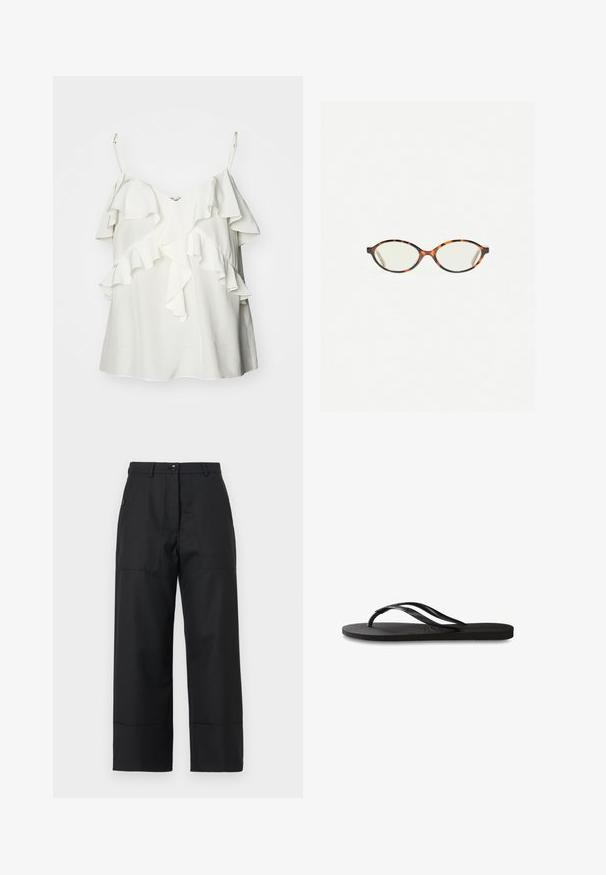 Witte mouwloze top van lichtgewicht stof, met gelaagde ruches aan de voorkant en verstelbare bandjes voor comfort en pasvorm.; Witte blouse met een diepe V-hals, lange mouwen en een strikdetail aan de voorkant. Gemaakt van een soepele, lichtgewicht stof met een ontspannen pasvorm.; Zwarte wijde broek van gladde stof. Beschikt over een knoopsluiting, voorzakken en strakke lijnen. De zoom is lichtelijk uitlopend.; Zwarte flip-flop met een gestructureerde rubberen zool, twee slanke banden en een subtiele, ingedrukte logo-detail op de band.; Kattenoogbril met ovale lenzen en een strakke, gladde afwerking. Heeft dunne zijkanten met een subtiele kromming bij de slapen. Transparante lenzen.