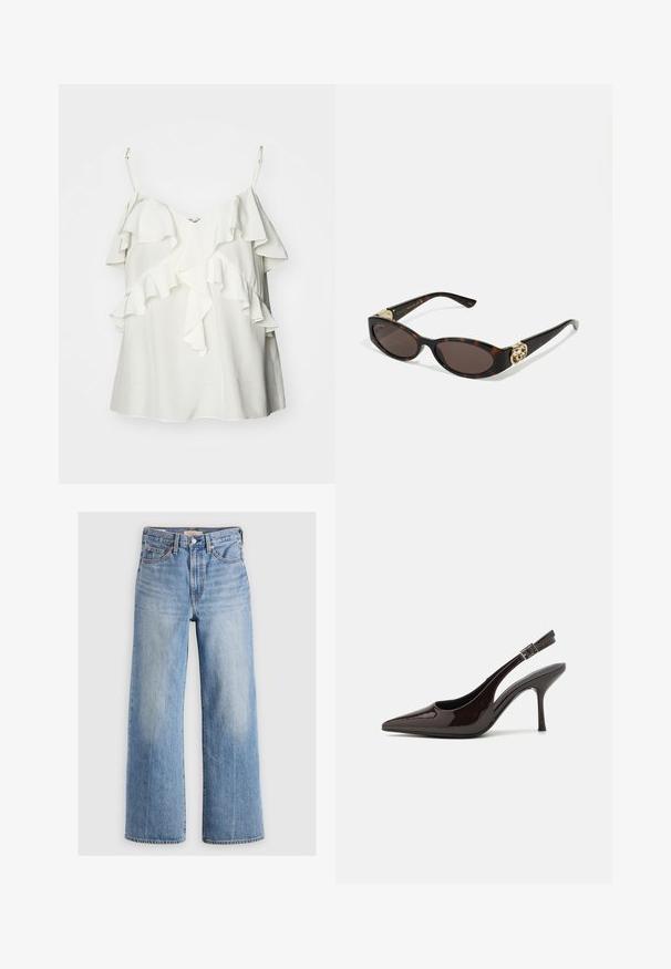 Top bianco senza maniche realizzato in tessuto leggero, con volants sovrapposti sulla parte anteriore e spalline regolabili per comfort e vestibilità.; Jeans in denim blu chiaro a gamba larga con vita alta, aree sbiadite, cinque tasche e cuciture a contrasto. Classico bottone e chiusura con zip.; Scarpa con tacco alto tipo slingback in pelle verniciata marrone scuro lucido, punta affusolata, lati aperti e cinturino alla caviglia regolabile.; Occhiali da sole tartarugati con lenti ovali allungate, tonalità marrone, accenti dorati con logo sulle tempie e aste nere eleganti.; Orecchini a vortice dorati con supporto trasparente, caratterizzati da accenti dorati testurizzati e piccoli gemstone trasparenti incastonati nel design.