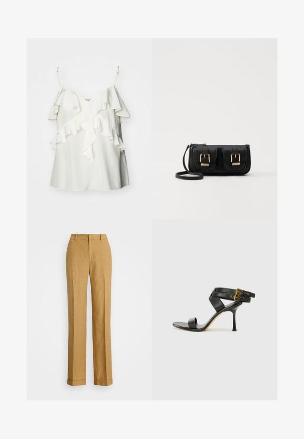 White sleeveless top made of lightweight fabric, featuring layered ruffles along the front and adjustable straps for comfort and fit.; Polo Ralph Lauren YARD LINEN FULL FLAT FRONT - Trousers - sand dune; Black heeled sandal with crossed straps and adjustable buckle. Features a smooth texture and tapered stiletto heel.; Black leather crossbody bag with two front pockets, gold buckles, zipper closure, and a slim strap. Textured surface and compact rectangular shape.