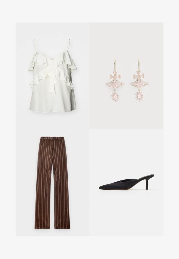 Weißes ärmelloses Oberteil aus leichtem Stoff, mit geschichteten Rüschen an der Vorderseite und verstellbaren Trägern für Komfort und Passform.; Braun gestreifte weit geschnittene Hose aus einem glatten Stoff, mit einem Knopfverschluss, zwei Fronttaschen und vertikalen cremefarbenen Streifen.; Schwarze spitz zulaufende Mule mit einem eleganten Design, aus glattem Material gefertigt, verfügt über einen schmalen Absatz und eine offene Ferse für ein einfaches An- und Ausziehen.; Rosa Edelsteinohrstecker mit Schleifen-Design, das eine geschichtete Struktur und funkelnde Akzente aufweist; das Metall-Hardware behält ein poliertes Finish.