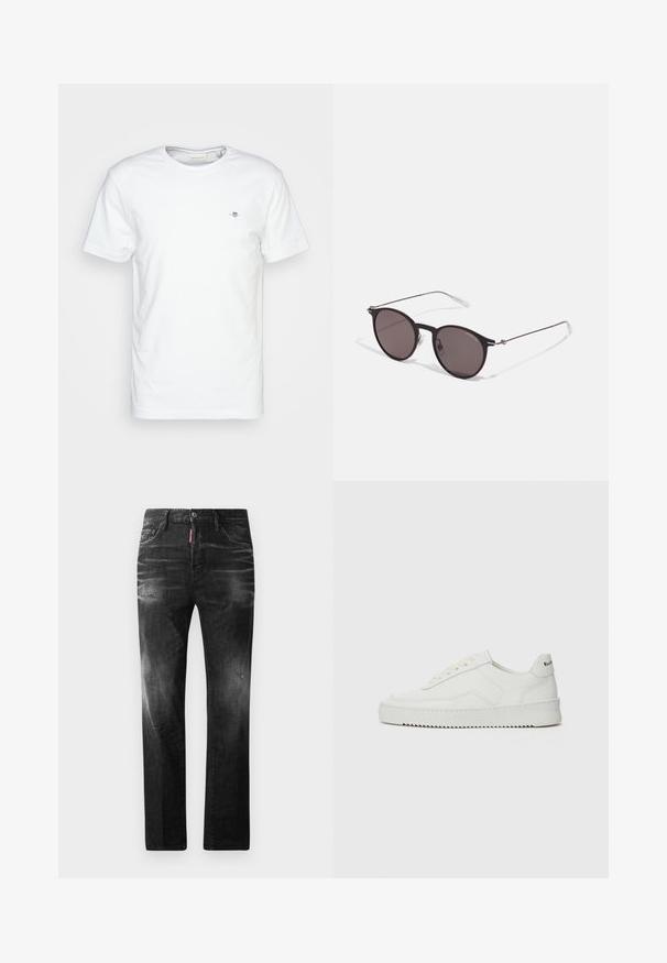 White cotton t-shirt with a round neck and short sleeves, featuring a small logo on the chest and a smooth, clean texture.; Black denim jeans with a straight fit. Features faded areas, minor distressing, classic five-pocket design, and a button closure.; White leather sneaker with a smooth finish, round toe, flat laces, and a textured sole. Features a subtle logo on the heel.; Black round sunglasses with dark lenses and slim metal arms. Includes clear temple tips and silver accents at the hinge. Minimalist design.