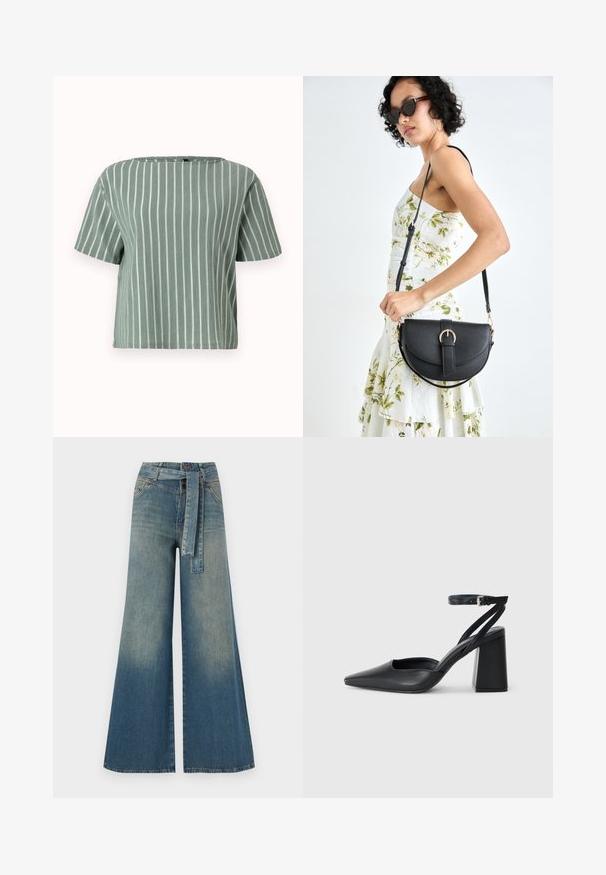 Vaaleanvihreä raidallinen lyhythihainen paita, jossa on neliönmuotoinen kaula-aukko. Valmistettu tekstuuripinnasta, jossa on pystysuoria valkoisia viivoja. Rentoa ja laatikkomaista mitoitusta.; Yksiväriset farkut leveällä lahkeella, joissa on vaaleasta tummansiniseen häipyvä väri, korkea vyötärö, vyölenkit ja yhteensopiva kangasvyö. Rakennefarkkujen pinta.; Mustat nahkakengät, joissa on kapea kärki, nilkkaremmi ja paksu korko. Tasainen pinta, tyylikäs muotoilu ja minimalistinen estetiikka.; Musta nahkainen käsilaukku, joka on kaareva muotoilultaan, irrotettavalla hihnalla ja kultaisilla yksityiskohdilla. Laukussa on läppä, jossa on solk yksityiskohta.