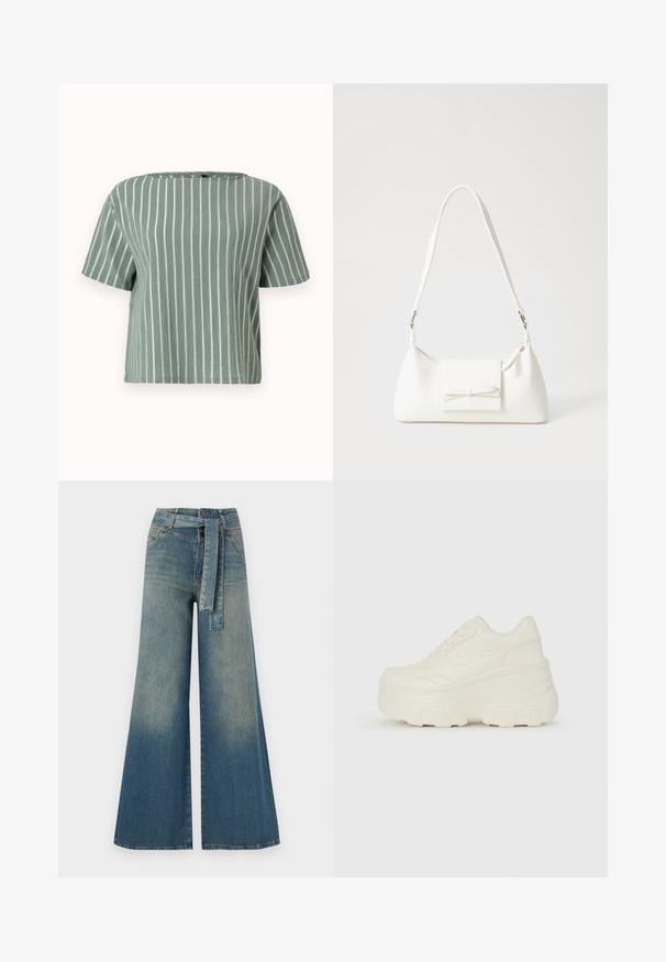 Top scurt cu mâneci scurte de culoare verde deschis cu dungi, având un decolteu pătrat. Fabricat dintr-un material texturat cu dungi verticale albe. Croi lejer și boxy.; Pantaloni din denim largi, cu un gradient de la albastru deschis la albastru închis, talie înaltă, bucle pentru curea și o curea din același material. Finisaj texturat din denim.; Adidași platformă albi, cu un superior neted asemănător cu pielea, formă rotunjită, guler căptușit și talpă din cauciuc texturată cu borduri bine definite.; Geantă sintetică albă, cu formă triangulară, capac frontal plat și detaliu cu fundă, curea ajustabilă, textură netedă și design minimalist.