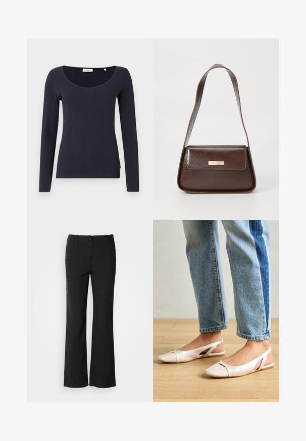 Dlhý rukáv, námornícky modrý top vyrobený z rebrovaného materiálu s širokým výstrihom a priliehavým strihom. Diskrétny logový štítok na bočnom šve.; Čierne nohavice z bavlneného zmesového materiálu s rovnými nohavicami, predným zapínaním na gombík a dvoma bočnými vreckami. Hladká textúra, žiadne viditeľné vzory.; Svetloružové slingback baleríny s jemne špicatou špičkou, vyrobené z hladkého materiálu pripomínajúceho kožu. Majú výrezové detaily na stranách a plochý opätok.; Hnedá kožená ramenná taška so štruktúrovaným tvarom, vybavená magnetickým uzáverom a metalickým logom na prednej strane.