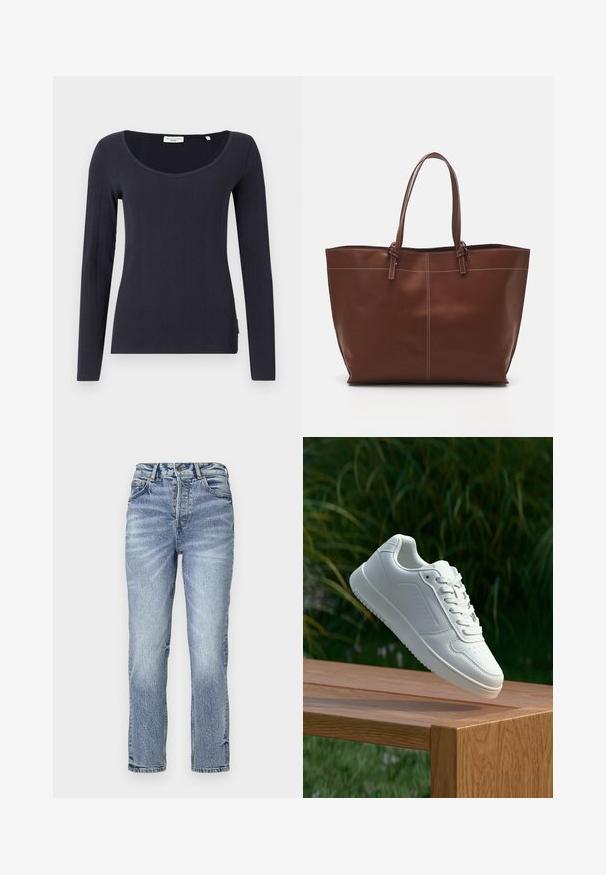 Dolga majica navy modre barve iz rebraste tkanine z širokim izrezom in prilegajočo obliko. Diskreten logotip na stranskem šivu.; Svijetloplave traperice s ravnim krojem, visokim strukom, izblijedjelom teksturom i pet džepova. Ima metalno dugme i zatvarač.; Bela teniska s gladkim sintetičnim zgornjim delom, perforiranim prednjim delom, ravnimi vezalkami in teksturiranim podplatom, prikazana na leseni površini.; Rjava usnjena torba z dvema ročajema, z kontrastnim šitjem in prostornim dizajnom, primerna za vsakodnevno uporabo.