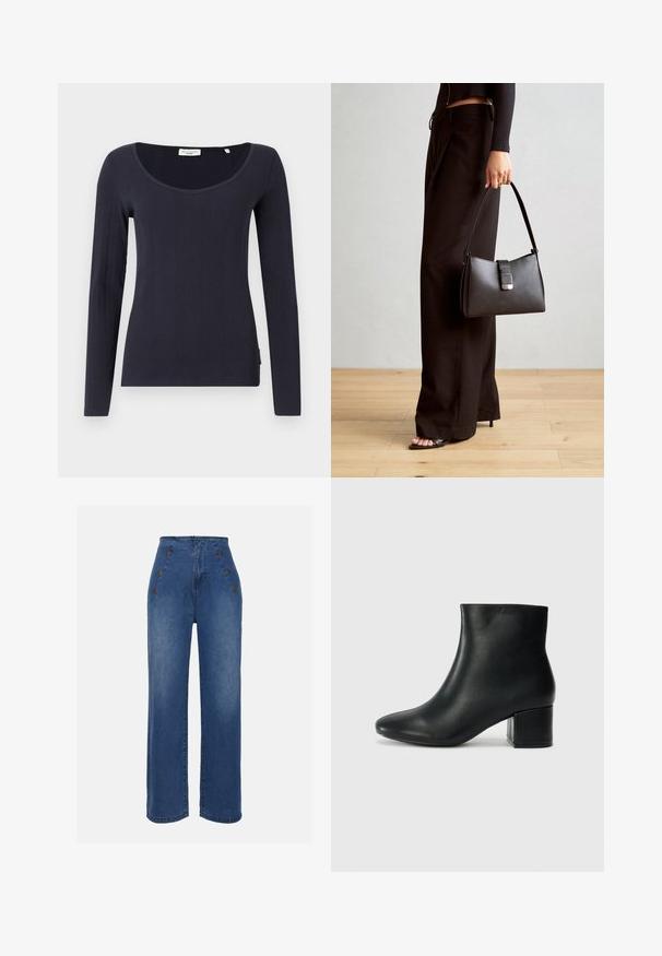 Langärmliges navyblaues Oberteil aus geripptem Stoff mit weitem Rundhalsausschnitt und figurbetonter Form. Dezentes Logo-Label an der Seitennaht.; Hochgeschnittene Jeans aus Denim in mittlerem Blau. Besitzt auffällige Knopfdetails vorne und einen weit geschnittenen Stil. Der Stoff hat eine glatte Textur mit leichten Ausbleichungen.; Schwarze Leder-Ankle-Boots mit spitzem Zehenbereich und klobigem Absatz. Glatte Textur mit minimalen Akzenten und einem eleganten, taillierten Design.; Schwarze Handtasche mit strukturierter Form, glatter Textur und einem metallischen Verschluss. Kombiniert mit weiten schwarzen Hosen und offenen Sandalen auf einem Holzboden.