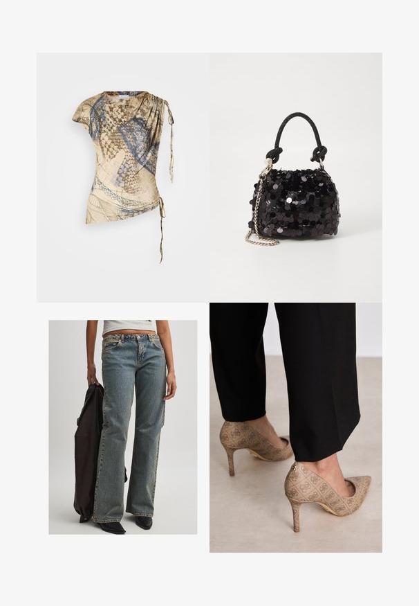 Lichtgewicht, beige top met abstracte blauwe en bruine patronen, gedrapeerd ontwerp, één schouderdetail en verstelbare strik aan de zijkant.; Lichtblauwe denim jeans met een relaxte pasvorm, met een middelhoge taille, zichtbaar stiksel en een klassieke vijf-pocket ontwerp. Zwarte schoeisel en een donker jack zijn ook aanwezig.; Beige hoge hakken met een gestructureerde stof met een herhalend patroon. Puntige neusontwerp met een achteraccent en gouden hakdetail.; Zwarte pailletten mini handtas met een geknoopte textuurriem en zilveren ketting. Rondvormig met een geplooide bovenkant en reflecterende details.