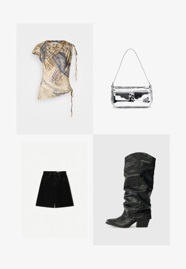 Lightweight, beige top with abstract blue and brown patterns, draped design, one shoulder detail, and adjustable tie on the side.; Black denim shorts with a loose fit, featuring five pockets, yellow stitching accents, and a mid-rise waist design.; Black leather knee-high boots with a slouched design, pointed toe, and a chunky heel, featuring smooth texture and minimal stitching.; Silver metallic shoulder bag with two front pockets, smooth texture, stitch detailing, and a single detachable strap. Compact rectangular shape.