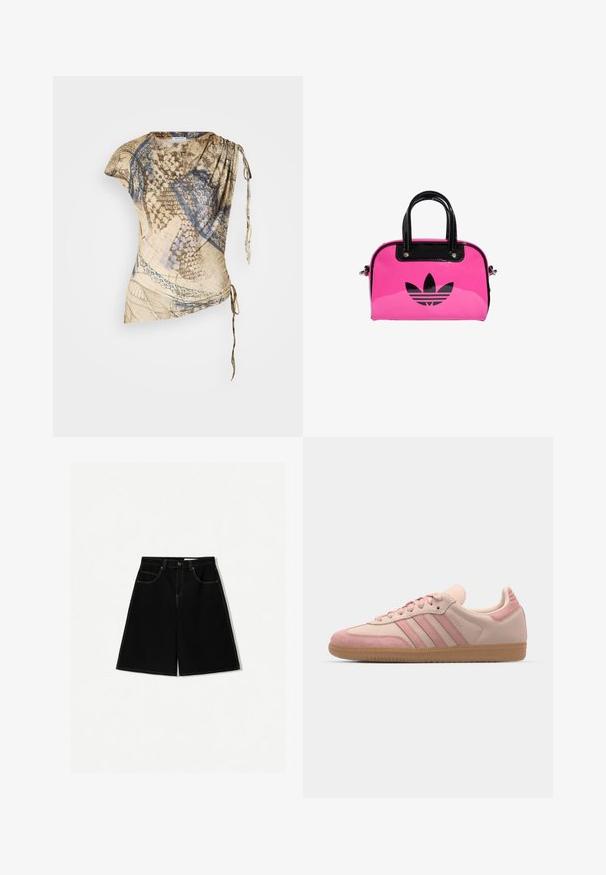 Lightweight, beige top with abstract blue and brown patterns, draped design, one shoulder detail, and adjustable tie on the side.; Black denim shorts with a loose fit, featuring five pockets, yellow stitching accents, and a mid-rise waist design.; adidas Originals SAMBA OG - Trainers - quartz/mauve; Pink patent handbag with a black logo and handles, featuring a rounded shape and zipper closure. Glossy texture enhances visibility.