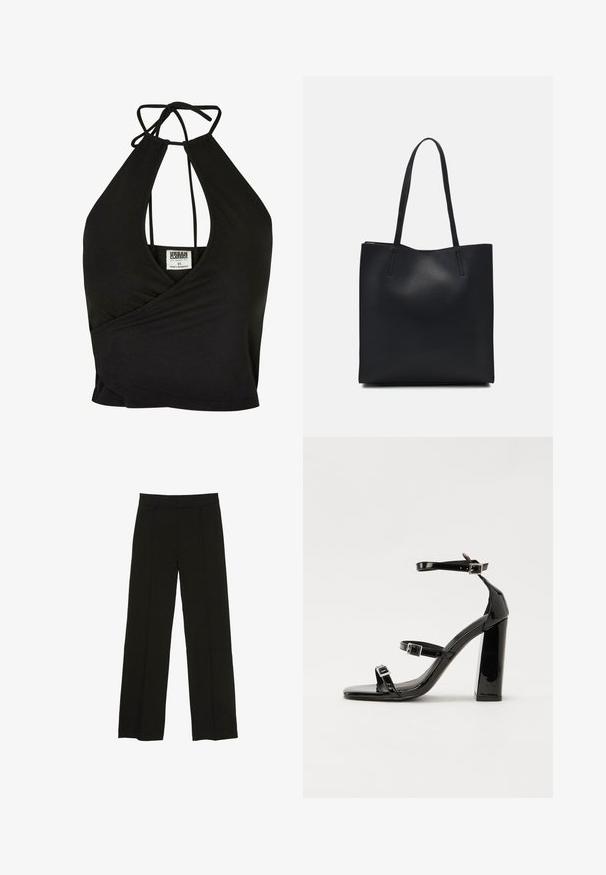 Crni top bez rukava od mekog materijala, sa dubokim V-izrezu i preklopnim dizajnom. Veže se na leđima za podešavanje veličine.; Crne široke hlače izrađene od glatkog materijala, s uskim pojasom i suptilnim prednjim naborima za dodatnu teksturu.; Crne lakirane sandale na pete sa kvadratnim nosom, trakama oko gležnja i srebrnim kopčama. Imaju čvrst blok petu za stabilnost.; Crna kožna torba za nošenje s glatkom teksturom, pravokutnim oblikom i dvije duge ručke. Nema vidljivih metalnih dijelova ili ukrasa.