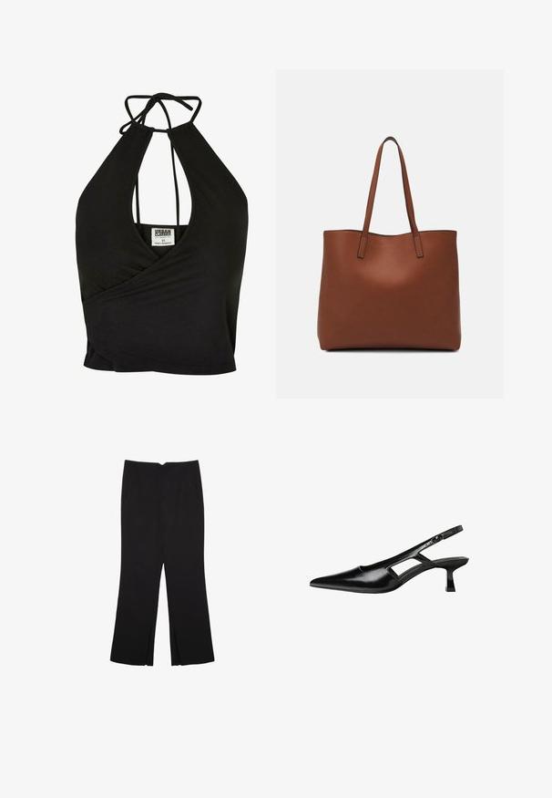 Top corto nero con scollo a halter realizzato in un tessuto morbido, caratterizzato da un profondo scollo a V e da un design avvolgente. Si lega sul retro per una vestibilità regolabile.; Pantaloni neri a gamba dritta, con tasche frontali e spacchi laterali all'orlo. Realizzati in tessuto morbido e liscio. Adatti a diverse occasioni.; Tacchi slingback in pelle verniciata nera con punta affusolata, design con tagli laterali e tacco quadrato piccolo. Texture liscia con dettagli minimi.; Borsa tote in pelle marrone con texture liscia, design con apertura superiore e due spallacci. Presenta cuciture minime e nessun hardware visibile.