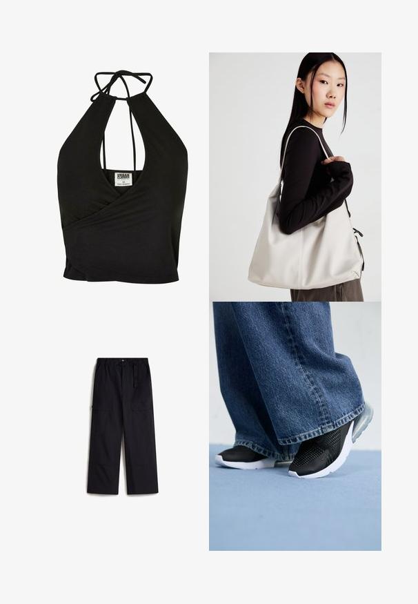Black halter neck crop top made of soft fabric, featuring a deep V-neck and wrap design. Ties at the back for an adjustable fit.; Black cargo pants with an elastic waistband, adjustable belt, and two side pockets. Made from a lightweight, textured fabric.; Black athletic shoes with mesh detailing, white sole, and visible air cushioning, paired with blue denim wide-leg jeans.; Beige handbag made of soft material, featuring a slouchy design, stitched detailing, and two shoulder straps. Suitable for everyday use.