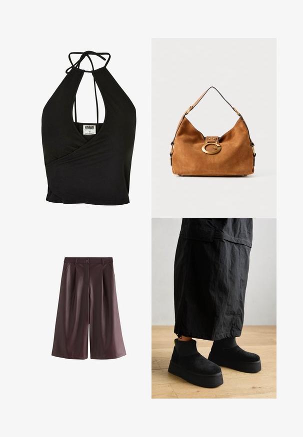 Top scurt cu guler halter de culoare neagră, fabricat dintr-un material moale, având un decolteu adânc în V și un design înfășurat. Se leagă la spate pentru o ajustare confortabilă.; Șorturi late din faux piele de culoare maronie, cu buzunare frontale, bucle pentru curea și închidere cu buton.; Cizme de gleznă negre cu platformă, fabricate din suede moale, cu un finisaj neted și o talpă groasă. Prezintă o textură canelată și un accent neon la călcâi.; Geantă din suede maro cu o formă rotundă, un închizător din metal cu tonalitate aurie și o margine contrastantă neagră. Dispune de o curea pentru umăr pentru purtare.