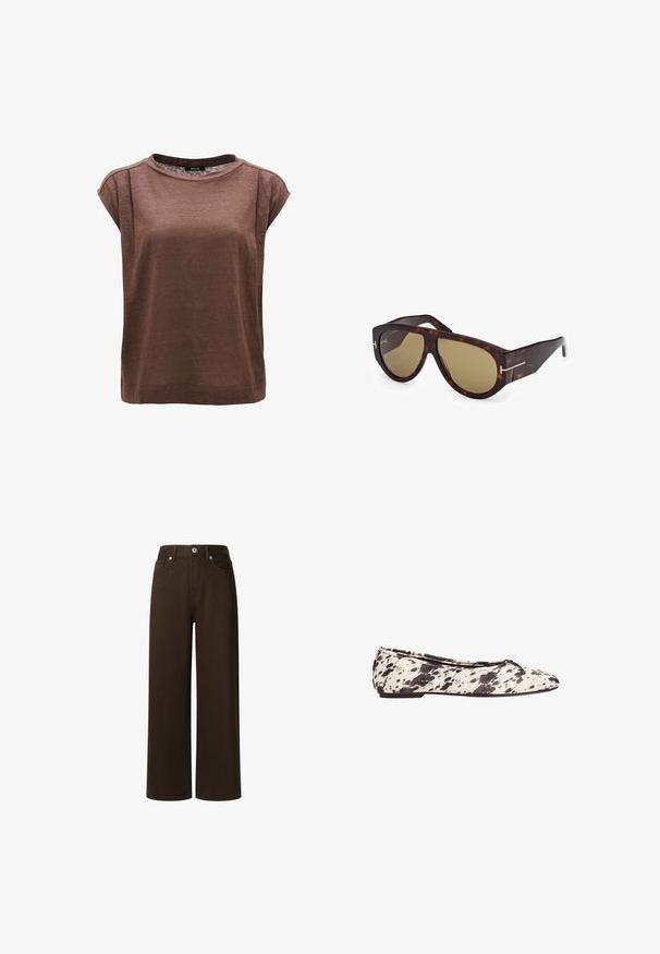 Braunes kurzärmliges Oberteil, runder Ausschnitt, lässige Passform, aus leichtem Material, mit Seitennähten und ohne sichtbare Verzierungen.; Pepe Jeans LEXA - Jeans Straight Leg - chocolate brown; Schwarz-weiß gepunktete Ballerina mit einem kleinen Schleifen-Design auf der abgerundeten Zehe und niedrigem Absatz, seitlich auf einem weißen Hintergrund abgebildet.; Tom Ford BRONSON - Sonnenbrille - dark havana; Mango Shopping Bag - dark brown