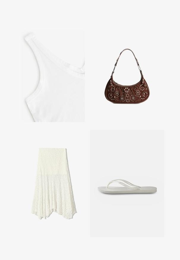 Hvid tanktop med en glat, blød tekstur. Har tynde stropper og en rund udskæring, lavet af letvægts bomuldsmateriale.; Hvid blonde nederdel med et struktureret mønster, udstyret med en asymmetrisk kant og en let flydende silhuet, lavet af et letvægtsstof.; Hvide flip-flops med en tekstureret sål, der har tynde stropper og et fladt design. Lavet af gummi med et subtilt logo på indersiden.; Brun ruskinds skuldertaske i halvmåneform, dekoreret med sølv- og guldrunde nitter i blomster- og cirkelmønstre.