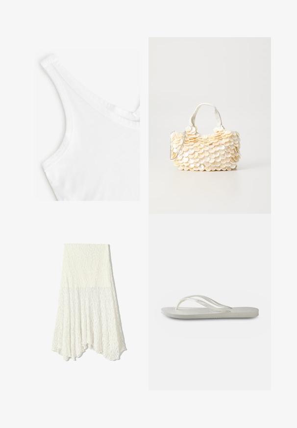 Witte tanktop met een zachte, gladde textuur. Heeft dunne schouderbandjes en een ronde halslijn, gemaakt van lichtgewicht katoenmateriaal.; Witte kanten rok met een gestructureerd patroon, voorzien van een asymmetrische zoom en een vloeiende silhout, gemaakt van lichtgewicht stof.; Witte flip-flops met een gestructureerde zool, featuring dunne bandjes en een vlak ontwerp. Gemaakt van rubber met een subtiel logo op de voetbed.; Witte handtas met getextureerde, geschubde schelpachtige versieringen. Beschikt over een geweven handvat en een zilveren kettingriem voor veelzijdigheid.