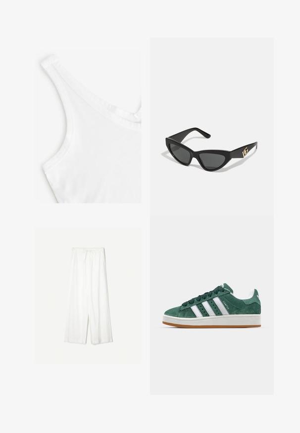 Débardeur blanc avec une texture lisse et douce. Il a des bretelles fines et un décolleté nageur, conçu en matériau en coton léger.; Pantalons larges blancs avec une taille à cordon, présentés sur un fond uni, mettant en valeur leur style décontracté et la texture du tissu.; Baskets en daim vert avec des bandes en cuir blanc, semelle en caoutchouc, col rembourré et design minimaliste. Avec un logo sur le côté.; Lunettes de soleil en œil de chat avec une monture en plastique noir mat, des verres foncés et un accent en or avec le logo sur la branche. Design angulaire et texture lisse.; Sac en cuir brun à bandoulière avec motif logo, bandoulière en chaîne dorée, fermeture éclair et accents de quincaillerie dorée. Forme compacte et rectangulaire.