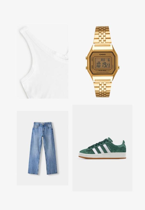 Vit linne med en mjuk och slät textur. Har tunna axelband och en rundad halsringning, tillverkad i lätt bomullsmaterial.; Ljust blå denimjeans med rak bendesign, som har fem fickor, knappstängning fram och subtila blekningar för textur.; Gröna mockaskor med vita läderränder, gummisula, vadderad krage och minimalistisk design. Har varumärke på sidan.; Guld digital klocka med rektangulärt urtavla, LCD-display, armband i rostfritt stål och knappar på sidan. Har en vattenresistent märkning.