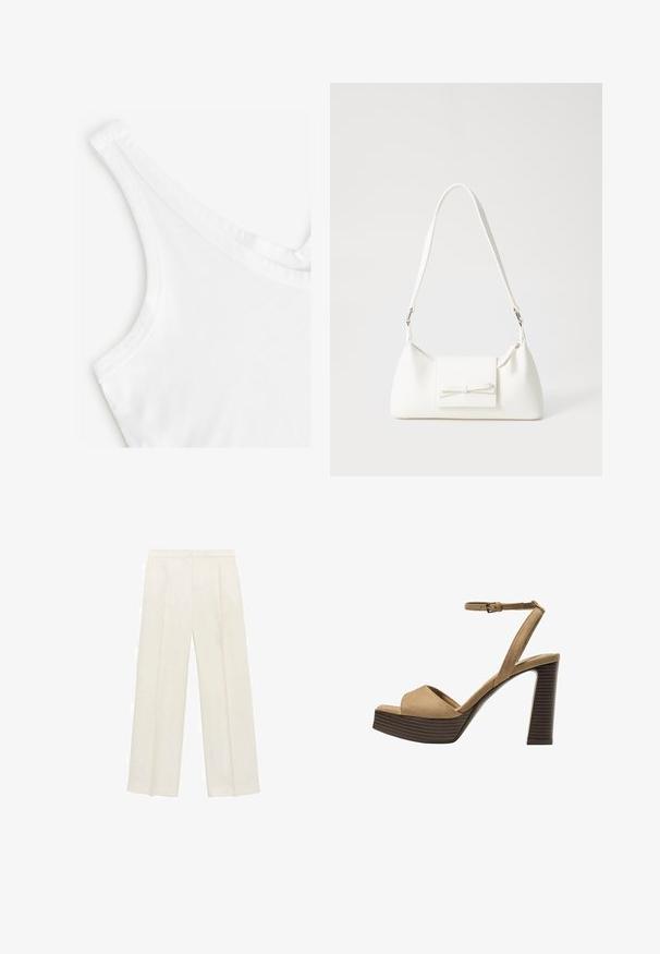 Bela majica na bretele z gladko in mehko teksturo. Ima tanke naramnice in ohlapen ovratnik, izdelana iz lahkega bombažnega materiala.; Hlače širokih nogavic v svetli kremni barvi. Narejene iz gladkega materiala s plitkimi naborki spredaj in stranskimi žepi.; Bež semiš sandali na visoki peti z širokim sprednjim trakom in trakom okoli gležnja, opremljeni z debelim lesenim blokom peto z teksturirano površino.; Bela sintetična torbica v obliki trikotnika, z ravnim sprednjim poklopcem in detajlom mašne, nastavljivim trakom, gladko teksturo in minimalističnim dizajnom.
