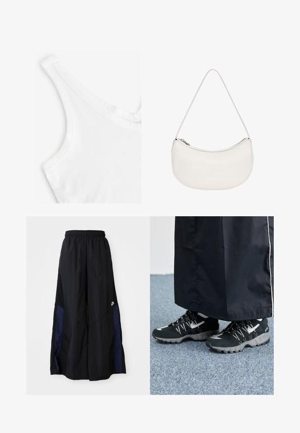 Top bianco senza maniche con una texture liscia e morbida. Presenta sottili spalline e un collo a barchetta, realizzato in cotone leggero.; Pantaloni neri a gamba larga realizzati in tessuto leggero, con un pannello laterale blu navy e una cintura elastica. Piccolo logo bianco sul fondo.; Scarpe sportive nere con tomaia testurizzata, dettagli argentati e suola con motivo, abbinate a un lungo indumento nero. Ambientate su un tappeto blu.; PULL&BEAR HALF MOON  - Borsa a mano - white