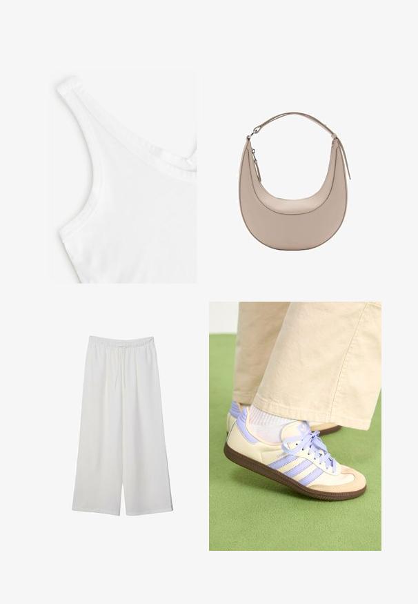 Weißes Tanktop mit glatter, weicher Textur. Verfügt über dünne Schulterträger und einen Rundhalsausschnitt, gefertigt aus leichtem Baumwollmaterial.; Weiße, weit geschnittene Hosen aus leichtem Stoff, mit einem elastischen Bund und einem Zugband für eine verstellbare Passform. Glatte Textur.; Cremefarbene und lavendelfarbene Sneakers mit drei Streifen und einer strukturierten braunen Sohle, ausgestattet mit Schnürsenkeln und einer gepolsterten Ferse. Obermaterial aus weichem Stoff.; Beige Leder Schultertasche in Halbmondform, mit glatter Oberfläche und einem geschwungenen Henkel. Verfügt über einen Reißverschluss und saubere Nähte.