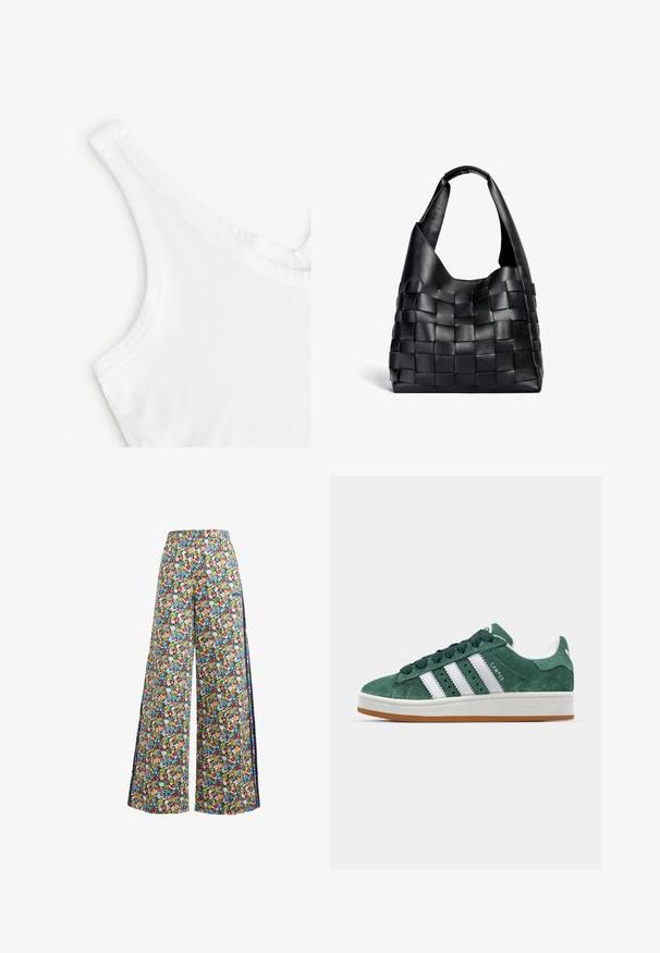 Débardeur blanc avec une texture lisse et douce. Il a des bretelles fines et un décolleté nageur, conçu en matériau en coton léger.; Pantalons évasés à motifs floraux sur fond bleu, ornés d'un motif coloré de fleurs rouges, jaunes et bleues, avec une taille élastique.; Baskets en daim vert avec des bandes en cuir blanc, semelle en caoutchouc, col rembourré et design minimaliste. Avec un logo sur le côté.; Sac cabas en cuir noir tissé avec une forme décontractée et une large bandoulière. Caractéristiques d'un design texturé et entrelacé avec une finition lisse.