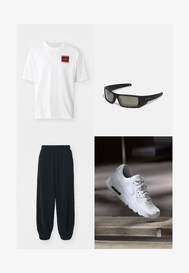 Camiseta de algodón blanca con un gráfico rectangular rojo y negro que presenta el texto "AUTHENTIC JORDAN BY NIKE" en el lado izquierdo del frente. Mangas cortas.; Pantalones de chándal negros con cintura elástica, de corte holgado, con puños en los tobillos, textura suave y sin patrones visibles ni acentos metálicos.; Zapatilla Nike Air Max 90 blanca con parte superior de malla y cuero, caja de puntera perforada y unidad de aire visible en el talón.; Gafas de sol negras con acabado mate, lentes rectangulares, ligera curvatura en las patillas, sutil detalle del logo y lentes ahumados.