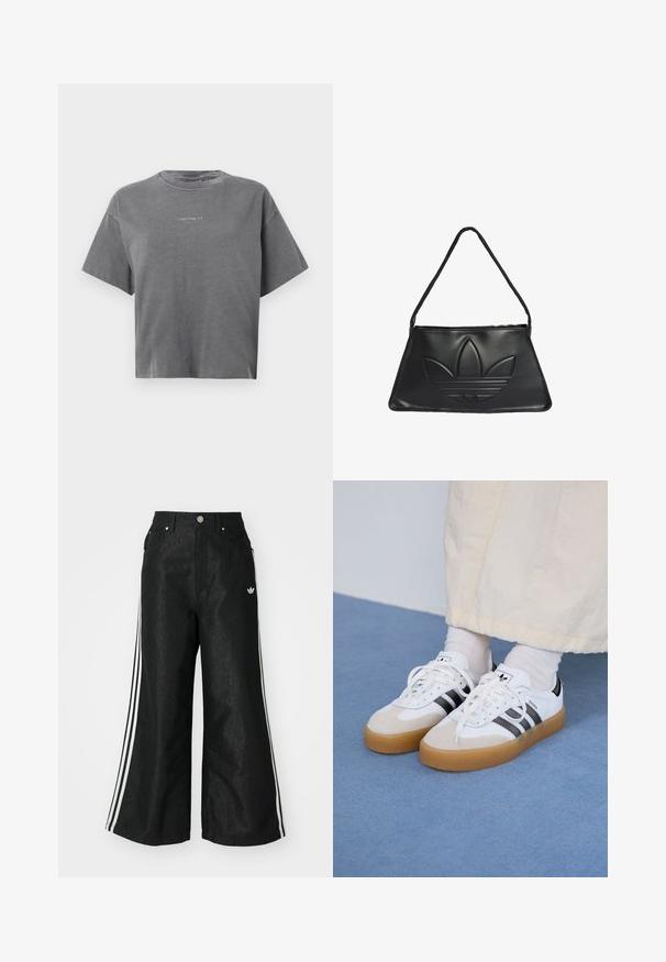 Grijze cropped T-shirt met korte mouwen en ronde hals, met een klein wit "carhartt" logo in het midden op de voorkant.; Zwarte denim broek met wijde pijpen, voorzien van drie witte strepen aan elke zijkant en een klein wit logo. Heeft voorzakken en een knoopsluiting.; Witte sneakers met zwarte strepen en beige suède accenten. Voorzien van een gestructureerde gumzool en platte witte veters, gedragen met lichtgekleurde sokken.; Zwarte leren handtas met een trapeziumvorm, voorzien van een verhoogd Adidas logo ontwerp en een dunne schouderband. Ritsluiting aan de bovenkant.