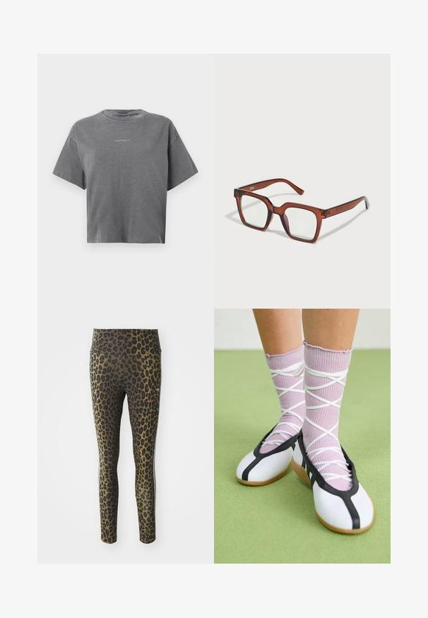 Grå kortermet cropped T-skjorte med rund hals og liten sentrert hvit "carhartt" logo på forsiden.; Leopardmønstret leggings med høj talje, strækbart stof og sorte detaljer på en lys brun bund, designet til komfort og pasform.; Hvite flate sko med svart kant og såle, kombinert med lys lilla ribbestrikkede sokker med hvite kryssreimer. Plassert på en grønn bakgrunn.; Brune overdimensjonerte rektangulære briller med klare linser og en svak rosa nyanse på høyre linse. Plastisk ramme med jevn tekstur.