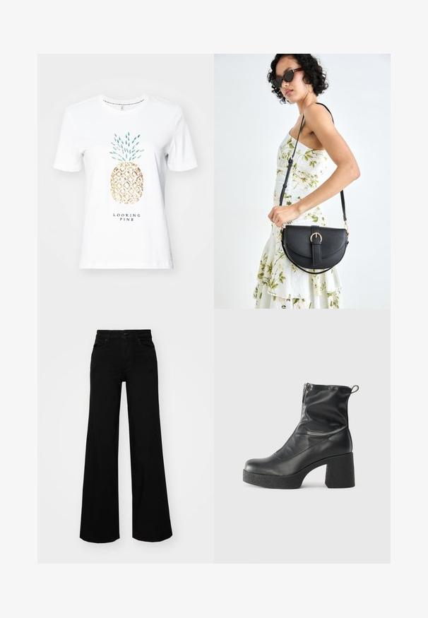 Tricou alb din bumbac, cu un grafic de ananas auriu și accente teal, având textul "LOOKING PINE" imprimat dedesubtul designului.; Pantaloni negri cu picioare largi, din denim, cu un brau structurat, bucle pentru curea și buzunare frontale. Textură netedă, cu un design clasic.; Bocanci negri de glezna din piele netedă, cu fermoar lateral, toc texturat și masiv, și design cu vârf rotund.; Geantă din piele neagră, cu o formă curbată, curea detașabilă și accesorii aurii. Geanta are un capac cu un detaliu tip cataramă.