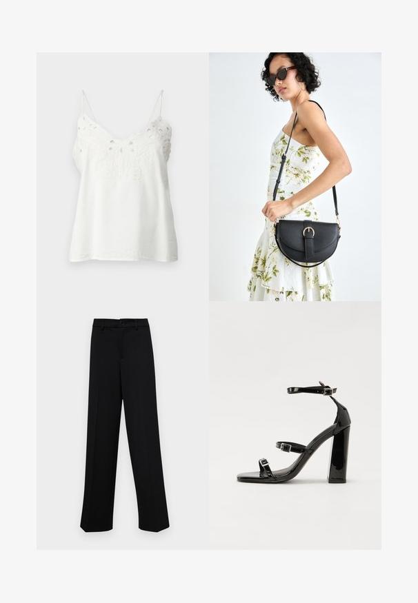 Bijela bezrukavna majica od lagane tkanine s vezenim čipkastim uzorkom duž izreza vrata i podesivim trakama.; Crne široke hlače od glatkog materijala, s klasičnim pojasom koji se zatvara dugmetom i prednjim naborima.; Crne lakirane sandale na pete sa kvadratnim nosom, trakama oko gležnja i srebrnim kopčama. Imaju čvrst blok petu za stabilnost.; Crna kožna torba s lukovitim oblikom, odvojivim remenom i zlatnim detaljima. Torba ima preklop s kopčom.