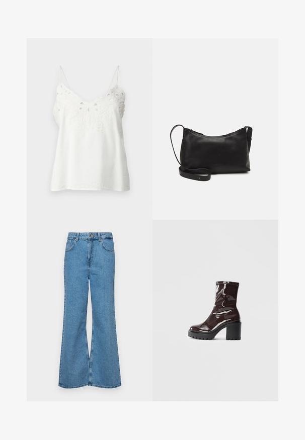 Valge varrukateta pluus, mis on valmistatud kergest kangast, millel on tikitud pitsmuster kaeluse ääres ja reguleeritavad spagetti õlapaelad.; Heledad sinine flared teksade rõivad, millel on kõrge talje, viis taskut ja üks nupulukk. Pehme tekstuur ja pleekinud viimistlus.; Klakav läikiv burgundi värvi pahkluu saabas, millel on paks must konts, sile tekstuur ja lihtne disain. Nähtavad kinnitused või mustrid puuduvad.; Mustmust nahk õlakotil on sile tekstuur, kumer kuju, reguleeritav rihm ja lukuga sulgemine. Minimalistlik disain ilma kaunistusteta.