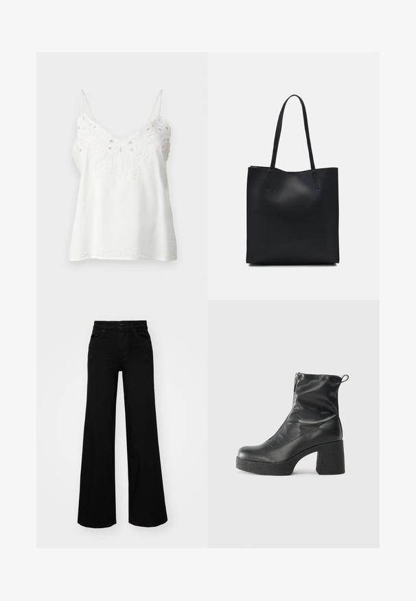 Bílý bezramínkový top vyrobený z lehkého materiálu s vyšívaným krajkovým designem podél výstřihu a nastavitelními špagetovými ramínky.; Černé široké kalhoty vyrobené z denimu, s pevným pasem, poutky na opasek a předními kapsami. Hladká textura s klasickým designem.; Černé kotníkové boty vyrobené z hladké kůže, s bočním zipem, robustním strukturovaným podpatkem a kulatou špičkou.; Černá kožená taška přes rameno s hladkým povrchem, obdélníkovým tvarem a dvěma dlouhými uchy. Žádné viditelné kování ani ozdoby.