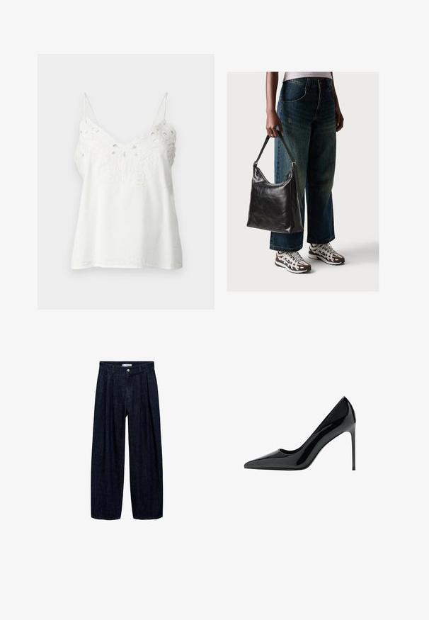 Top bianco senza maniche realizzato in tessuto leggero con un design in pizzo ricamato lungo il collo e spalline regolabili.; Pantaloni wide-leg in denim scuro con pieghe in vita, dotati di un bottone frontale e passanti per cintura. Texture liscia e design a lunghezza completa.; Décolleté nera in vernice con tacco a spillo e punta affilata, dalla texture liscia e lucida; tacco alto e sottile; design minimalista.; Borsa a tracolla nera in pelle con una texture liscia e tracolla regolabile, abbinata a jeans ampi sbiaditi e sneakers sportive.