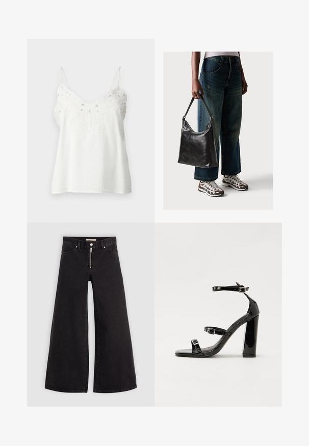 Bijela bezrukavna majica od lagane tkanine s vezenim čipkastim uzorkom duž izreza vrata i podesivim trakama.; Široke traperice od crnog denima s prednjim zatvaračem, dizajnom s pet džepova i suptilnim detaljima šivanja. Glatka tekstura i ležeran stil.; Crne lakirane sandale na pete sa kvadratnim nosom, trakama oko gležnja i srebrnim kopčama. Imaju čvrst blok petu za stabilnost.; Crna kožna torba za rame s glatkom teksturom i podešivim remenom, u kombinaciji s izblijedjelim širokim trapericama i sportskim tenisicama.