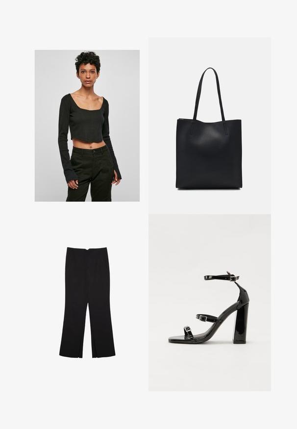 Sorte, cropped langærmet top med firkantetudskæring og tætsiddende design. Stoffet er glat, og ærmerne har let udvidede ender.; Sorte bukser med lige pasform, der har frontlommer og slidser i kanten. Lavet af blødt, glat stof. Velegnet til forskellige anledninger.; Sorte laklædersandaler med høje hæle, to spænderemme, firkantet tå og en kraftig blokhæl, der har en glat, blank overflade.; Sort læder tote taske med glat tekstur, rektangulær form og to lange hanke. Ingen synlig hardware eller udsmykninger.