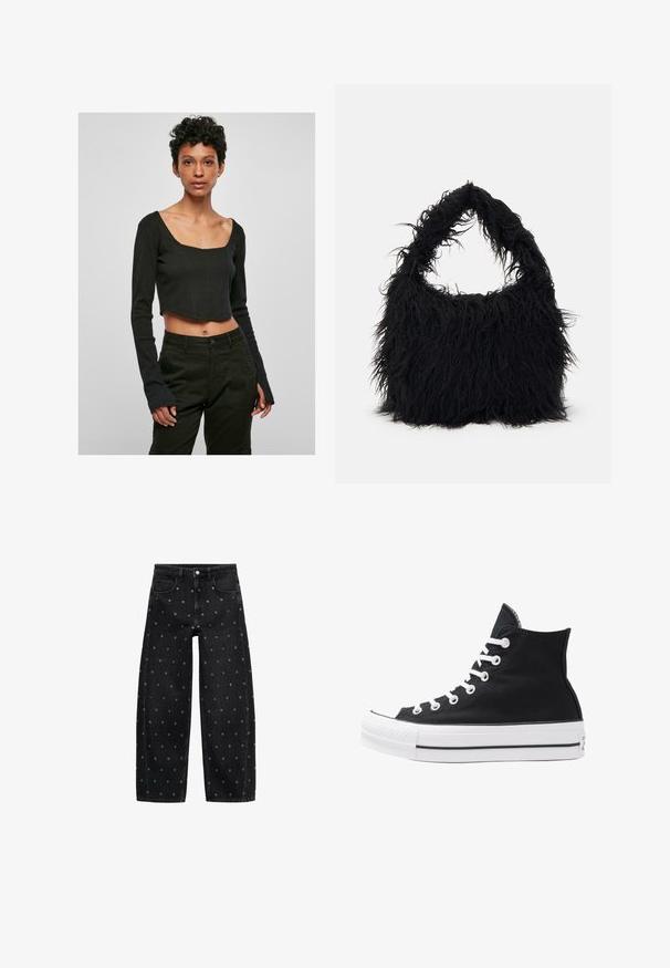 Crni skraćeni dugi rukavi s kvadratnim izrezom i prilagođenim dizajnom. Tkanina je glatka, a rukavi su blago šire na krajevima.; Crne traperice širih nogavica s uzorkom malih srebrnih grometa, klasičnog dizajna s pet džepova i zatvaranjem na kopčanje.; Visoke crne platnene tenisice s bijelim rupama, vezicama i gumenim potplatom. Imaju teksturirani vrh i crno-bijele pruge kao ukrase.; Even&Odd Velika torba - black