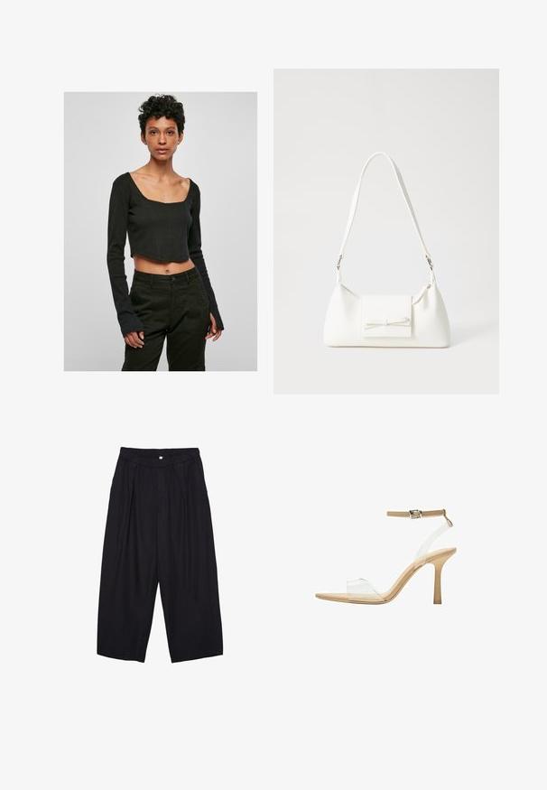 Sorte, cropped langærmet top med firkantetudskæring og tætsiddende design. Stoffet er glat, og ærmerne har let udvidede ender.; Sorte polyester culotte bukser med elastisk talje, to forpiber og en løs silhuet. Ingen synlige mønstre eller hardware detaljer.; Klart hælet sandal med en gennemsigtig overdel, beige fodseng og en slank ankelrem. Har en spids tå og en tynd høj hæl.; Hvid syntetisk håndtaske med en trekantet form, flad forsideklap og sløjfedetalje, justerbar strop, glat tekstur og minimalistisk design.