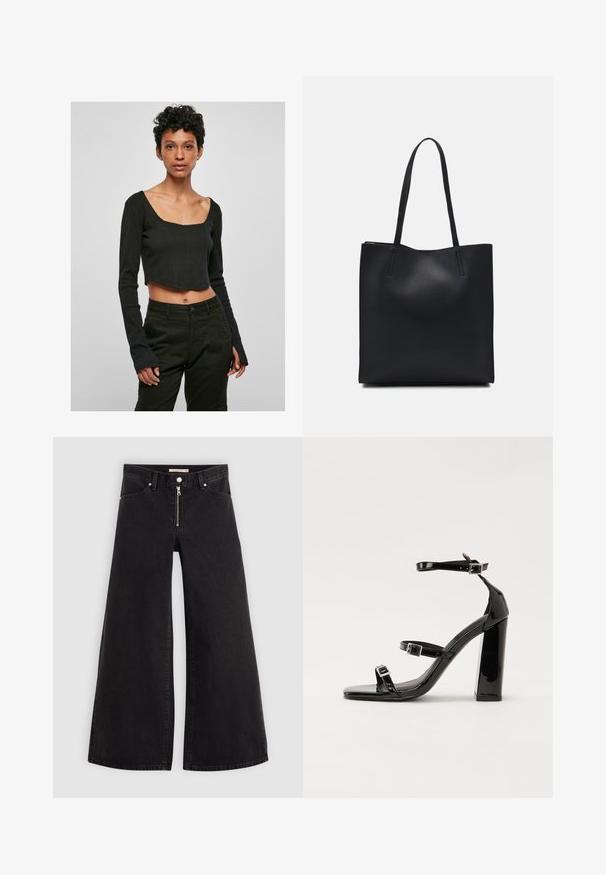 Juodas, trumpas ilgomis rankovėmis viršus su kvadratiniu iškirpimu ir aptemptu dizainu. Medžiaga glotni, o rankovės ties gale šiek tiek platinasi.; Plačios kojų džinsai iš juodo džinsinio audinio su užtrauktuku priekyje, penkių kišenių dizainu ir subtiliais siuvinėjimo akcentais. Lygus paviršius ir laisvalaikio stilius.; Juoda blizgi lakuota basutė su kvadratiniu pirštu, kulkšnies dirželiais ir sidabro sagtimis. Yra tvirta blokinė kulno konstrukcija, užtikrinanti stabilumą.; Juodas odinis tote krepšys su lygia tekstūra, stačiakampio formos ir dviem ilgais rankenomis. Matomų metalinių detalių ar puošybos nėra.