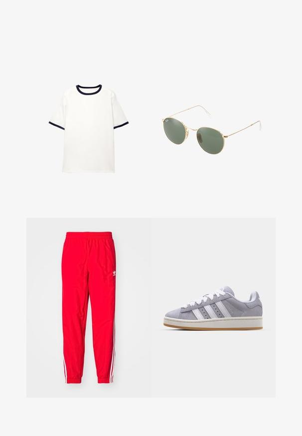 Witte T-shirt met een ronde marineblauwe kraag en marineblauwe accenten op de korte mouwen; gemaakt van zachte, gladde stof met een relaxte pasvorm.; Rode sportieve broek met een elastische tailleband, witte gestreepte accenten aan de zijkanten en een klein wit logo op de linker dij.; Grijze suede sneakers met witte strepen, ronde neus en rubberen zool. Heeft perforaties aan de zijkant en een getextureerde hiel tab.; Gouden metalen zonnebril met groene lenzen, ronde vorm, dunne pootjes en witte plastic accenten op de uiteinden van de steunen.