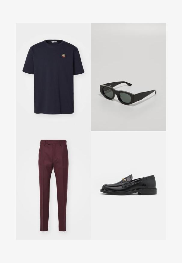 Bally Basic T-shirt - navy; Burgundy tailored trousers with a straight cut, smooth texture, and pressed creases. Features a belt loop and front pockets.; Black leather loafers with a rounded toe, featuring gold hardware accent and stitching detail, set on a low, textured rubber sole.; Black rectangular sunglasses with green tinted lenses, thick frames, and flat temples featuring a smooth plastic texture.