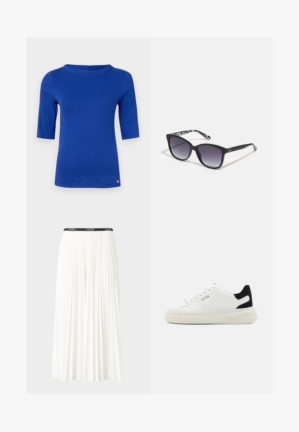 Modrá, přiléhavá košile s tříčtvrtečními rukávy a kulatým výstřihem. Měkká látka s hladkým povrchem. Obsahuje malé zlaté logo na lemu.; Záhybová bílá sukně s černým elastickým pasem s logem "LACOSTE". Suška je střední délky a má jemnou texturu.; Bílé kožené tenisky s tlustou bílou podrážkou, černým semišovým akcentem na patě a vyraženým logem na boku. Šněrovací design se šesti očka.; Černé sluneční brýle s gradientními čočkami, čtvercového tvaru a texturovanými černobílými vzorovanými stranami. Obsahují stříbrné logo jako ozdobu.