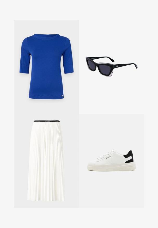 Mėlyna, prigludusi marškinėliai su trijų ketvirčių rankovėmis ir apykakle. Minkšta medžiaga su lygiu paviršiumi. Yra mažas auksinis logotipas prie krašto.; Pleated balta sijonas su juodu elastiniu juosmeniu, ant kurio yra "LACOSTE" logotipas. Vidutinio ilgio dizainas su švelnia tekstūra.; Baltos odinės sportbačiai su storu baltu padu, juodu nubuko kulno akcentu ir iškilmingu logotipu šone. Su raišteliais, turinčiais šešis akinius.; Juodos didelės saulės akinių su geometrine forma, turinčiais tamsius objektyvus ir kontrastingą pilką detalę ant rėmelio. Logotipas ant šalon.