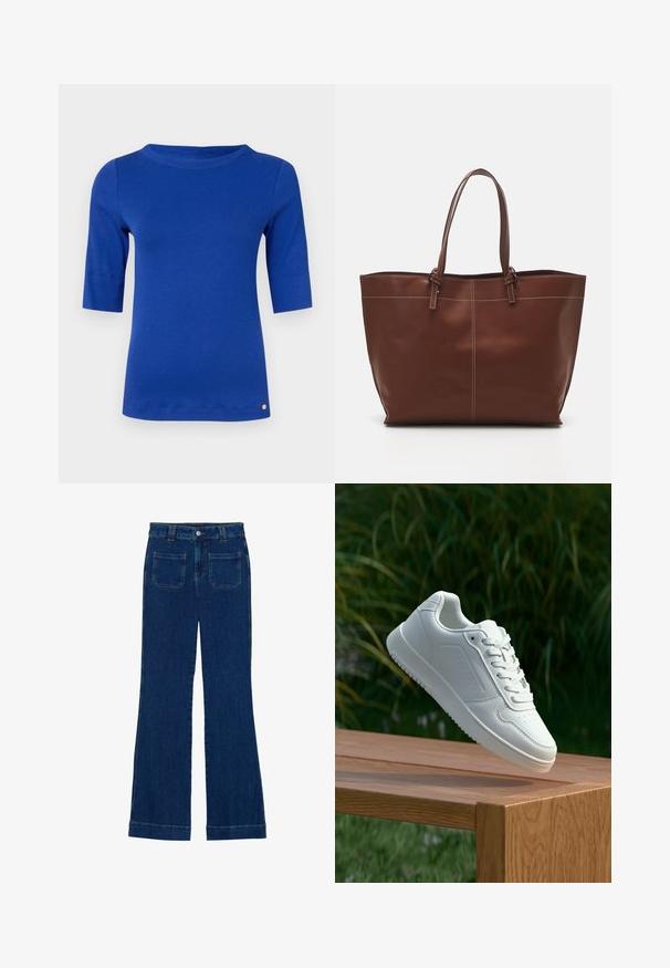 Blue, fitted shirt with three-quarter sleeves and a round neckline. Soft fabric with a smooth texture. Features a small gold logo at the hem.; Denim flared jeans in dark blue with a smooth texture, five-pocket design, and a button closure at the waist.; White sneaker with a smooth synthetic upper, perforated toe box, flat laces, and a textured sole, displayed on a wooden surface.; Brown leather tote bag with double handles, features contrast stitching and a spacious design, suitable for everyday use.