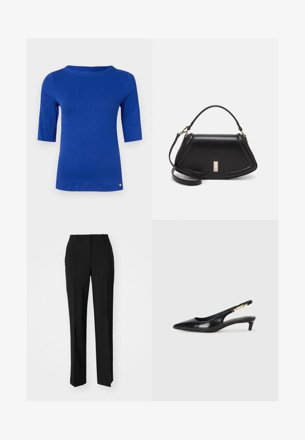 Blå, tettsittende skjorte med trekvartlange ermer og rund hals. Mykt stoff med en jevn tekstur. Har en liten gull-logo ved kanten.; Sorte skreddersydde bukser med rett silhuett, med en glatt tekstur og klare pressede bretter foran. Ingen synlig maskinvare.; Sorte lærreim hæler med spiss tå, som har en slank hæl og en gullfarget detalj på den justerbare stroppen. Glatt tekstur.; Sort lærveske med en strukturert design, som har en avkortet form, topphåndtak og detaljer i gull. Justerbar skulderstropp inkludert.