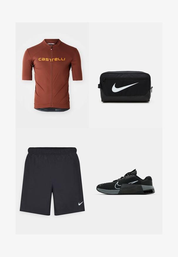 Kortærmet cykeltrøje i en mørkerød farve, med en fuld frontlynlås og et iøjnefaldende gult "castelli" logo på brystet.; Sorte atletiske shorts lavet af letvægtsmateriale med en elastisk talje. Har et lille hvidt Nike-logo i nederste venstre hjørne.; Sort atletisk sko med mesh-overdel, grå accenter og struktureret mellemsål. Har et fremtrædende logo og snørebåndsdesign. Gummisål for godt greb.; Sort Nike toilettaske med en glat overflade, der har et hvidt swoosh-logo, topziplukning og en sidelomme.