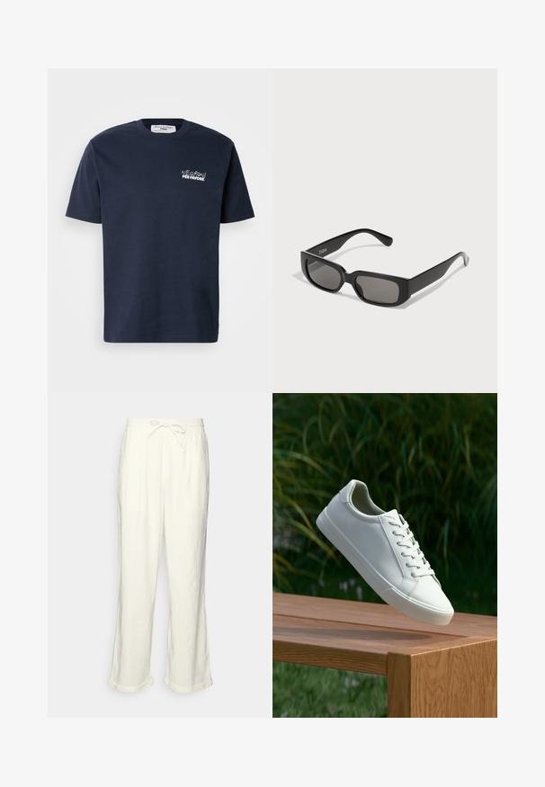 Musta sininen puuvillapaita lyhyillä hihoilla, pyöreällä kaula-aukolla, jossa on valkoista brodeerattua tekstiä "Negroni per favore" vasemmassa rintataskussa.; Nudist trousers in off-white with a drawstring waistband, slightly wide legs, and rolled cuffs for a relaxed fit. No pockets.; Valkoiset nauhalla kiinnitettävät lenkkarit leijuvat puupenkillä, taustalla vihreää kasvillisuutta, tuoden esiin kengän muotoilua ja pintarakennetta.; Mustat suorakulmaiset aurinkolasit harmaat sävytetyt linssit, valmistettu sileästä muovista. Ominaisuuksiin kuuluu minimalistinen muotoilu suorilla sangoilla ja hienovaraisella brändäyksellä.